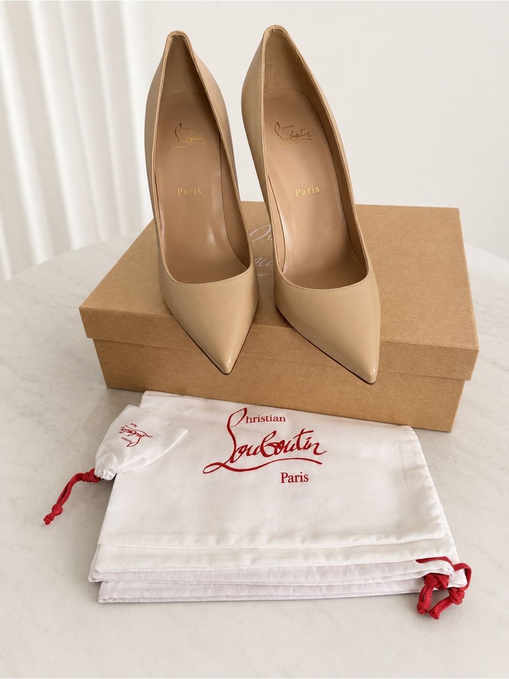 Christian Louboutin Beige Patent Pointed-Toe Pumps